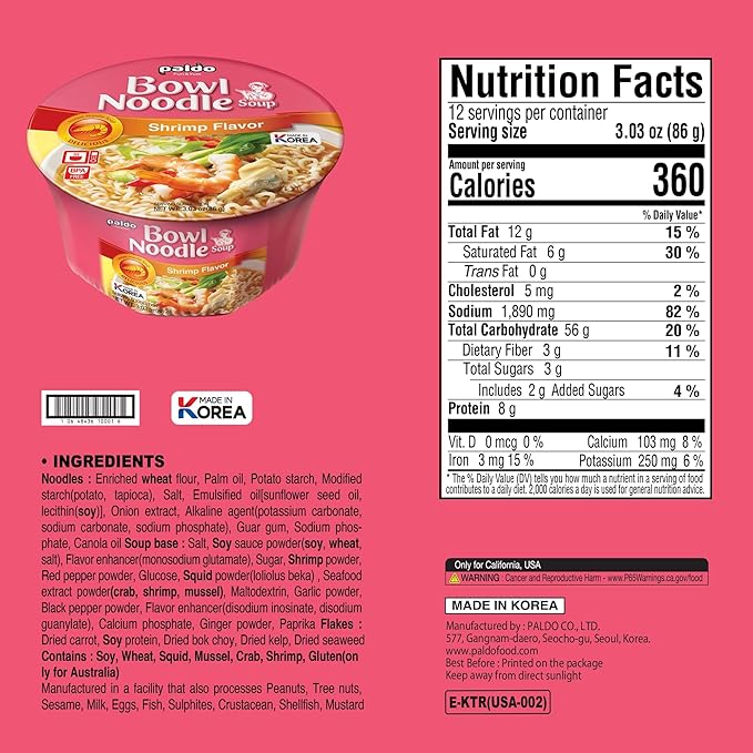 Paldo Fun & Yum Instant Cup Noodle Soup Bowl with Seafood Shrimp Flavored Broth, Pack of 12, Best Oriental Style Korean Ramyun, Most Loved Korean Noodles, 팔도 새우 사발면 86g (3.03 oz) x 12