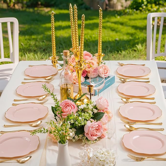bUCLA 48Pieces Pink Plastic Dessert Plates - 7.5inch Premium Hard Pink with Gold Rim Small Cake/Salad/Appetizer Plates Disposable for Wedding, Party, Shower & Easter