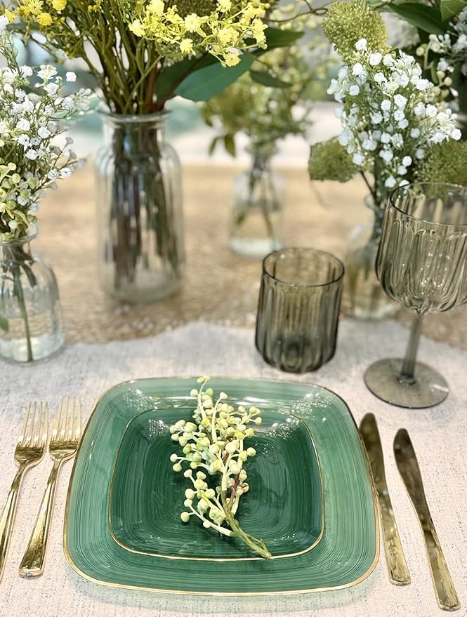 OCCASIONS 50 Green Disposable Plates (25 Guests) - Heavy Duty Square Plastic Dinnerware Set for Wedding Party, 25x10" Dinner + 25x7" Salad Dessert - Belize Square in Green & Gold