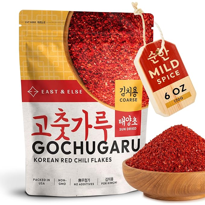 East and Else Gochugaru, Korean Red Chili Pepper Flakes, Coarse Grind for Kimchi, 6 OZ (170g) Resealable Bag, Premium 100% Sun-Dried Chili Powder for Stews, Chili Oil, and Asian Cooking