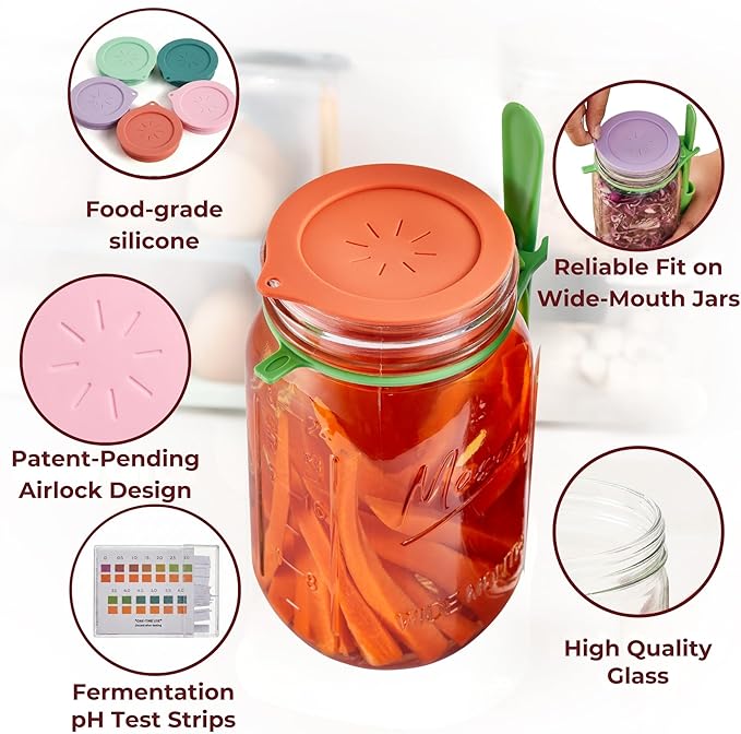 Basic Fermentation Kit for Wide Mouth Mason Jars - 6 Pack Silicone Fermenting Lids, Waterless Airlock Fermentation Tops for Pickles, Kimchi, Fermented Probiotic Food - Weights NOT Included
