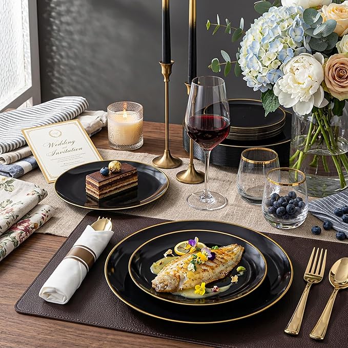 KIRE 100PCS Black and Gold Plates - Black Plastic Plates Disposable with Gold Rim Include 50Pcs 10.25inch Dinner Plate and 50Pcs 7.5inch Dessert/Salad Plate for Party/Wedding/Graduation/Father's Day