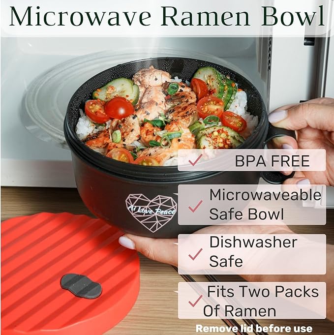 AI LOVE PEACE Ramen Bowls, 40 oz Large Microwavable Noodle Bowls (2 Red) with Wooden Utensils, Chopsticks, and Utensil Bag, Portable Microwave Bowl for Home, Office, Dorm, or College Gift.