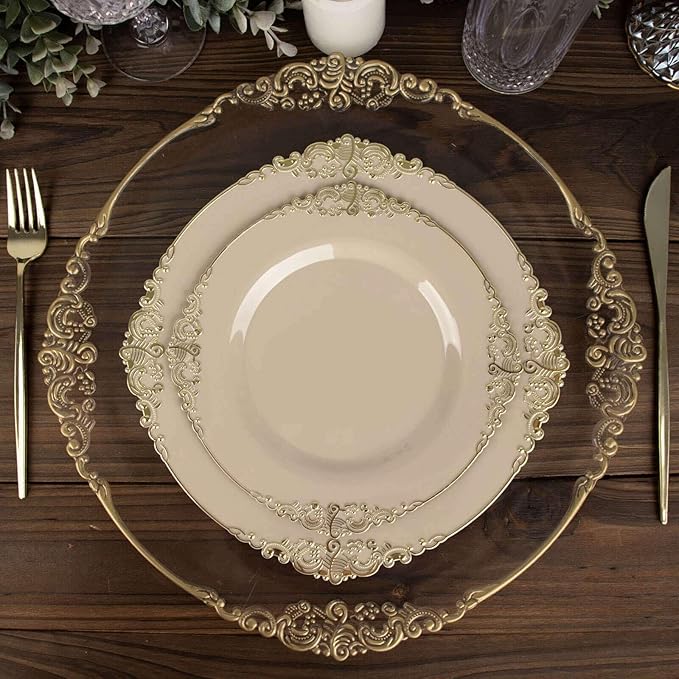 Efavormart 10 Pack | 8" Taupe and Gold Baroque Dessert Plates, Leaf Embossed Metallic Rim Heavy Duty Appetizer Plates for Boho Chic Gatherings