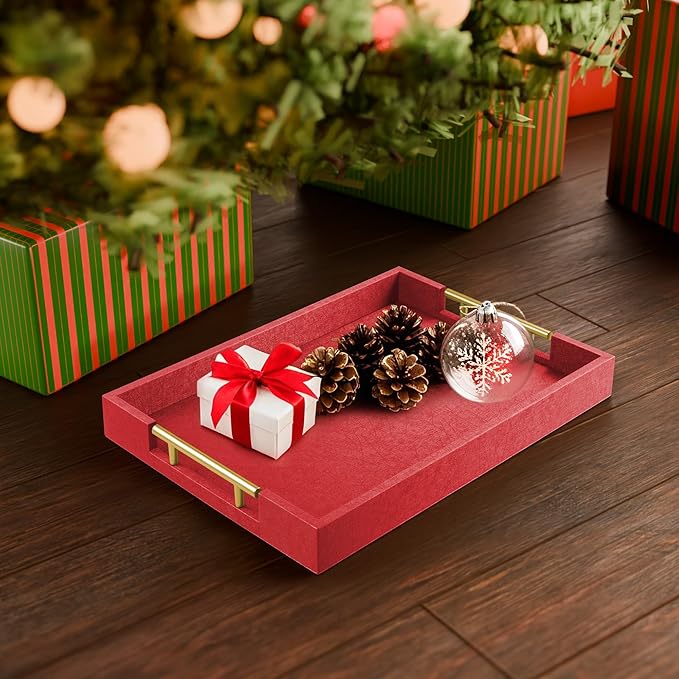 ATZYmolin 17"" x 12"" Wood Serving Tray with Gold Polished Metal Handles, Home Decorative Wooden Rectangle Ottoman Leather Decor Platter Bathroom Vanity Tray for All Occasions Red
