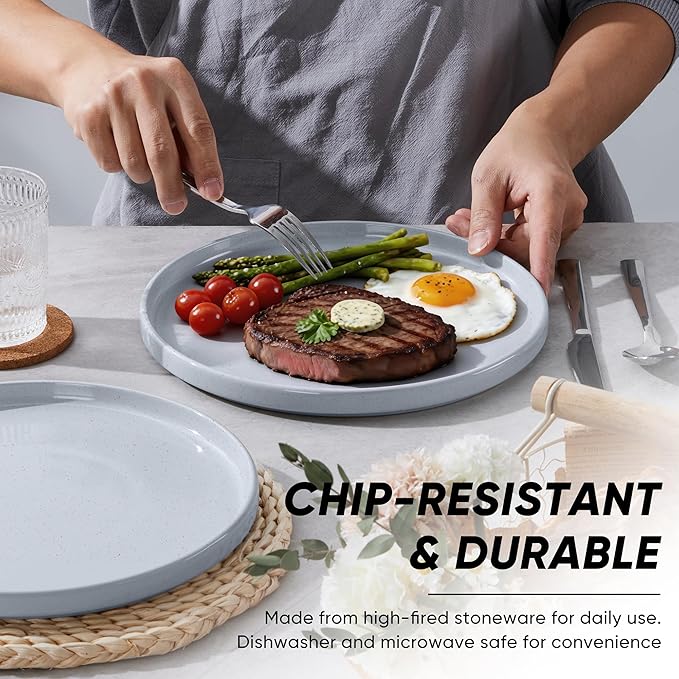 E-far Dinner Plates Set of 6, 10.5 Inch Stoneware Dinner Plate with Raised Edges, Chip & Scratch Resistant | Microwave & Dishwasher Safe Modern Ceramic Dishes for Dessert Salad, Speckled Gray