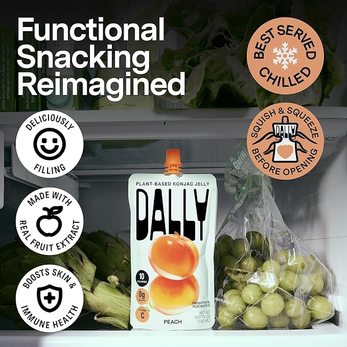 Dally Peach Drinkable Konjac Jelly 10 Pouches | Healthy 10-Calorie, Keto, Gluten Free, Sugar Free Korean Fruit Snack | Prebiotics & Postbiotics for Skin, Immune & Weight Management