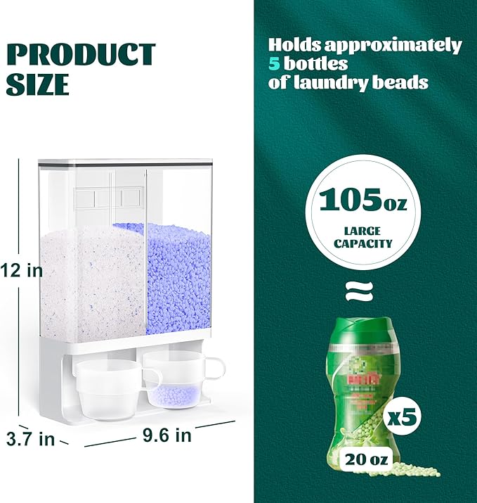105 Oz Laundry Detergent Dispenser with Nail - Wall Mounted Scent Booster Beads Container, Softener Beads Storage, Rice Dispenser, Dry Food/Solid Grain Organizer
