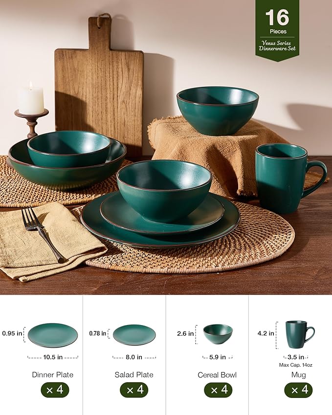 Famiware Venus 16-Piece Stoneware Dinnerware Sets with Mugs, Plates, Bowls, Service for 4, Matte Dark Green - Modern Ceramic Chip‑Resistant Dishes for Everyday & Formal, Microwave & Dishwasher Safe