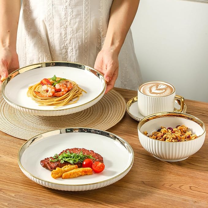 LETAOTAO Dinner Plates, Ceramic dinner Plate Set of 4, 10 inch White Serving Plates with gold trim, Stripe Texture Back, Large Pasta and Salad Plates, Dishes Set with Lipped Edges for Kitchen
