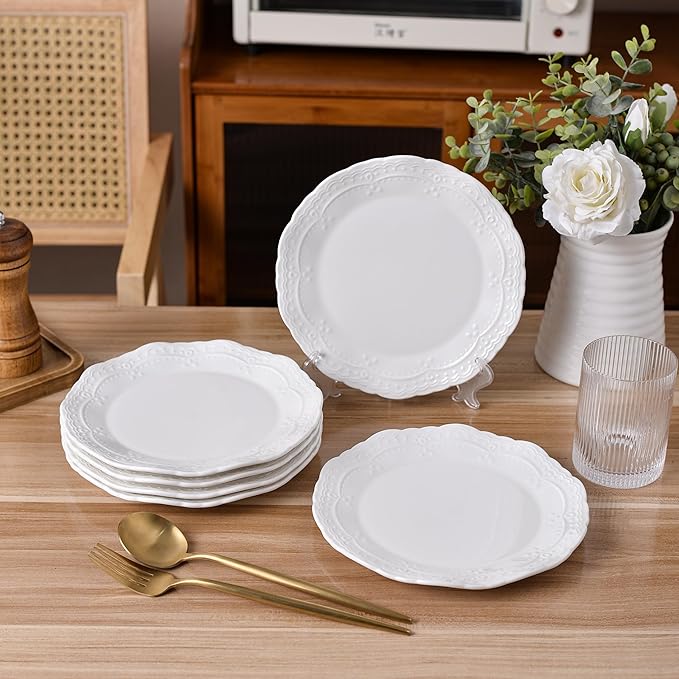 8 Inch Porcelain Dessert Plates Set of 6,Appetizer Plates,White,Embossed,Heat Resistant,Scratch Resistant,Highly Glossy Glaze,Dishwasher safe (Picapica 8‘’)