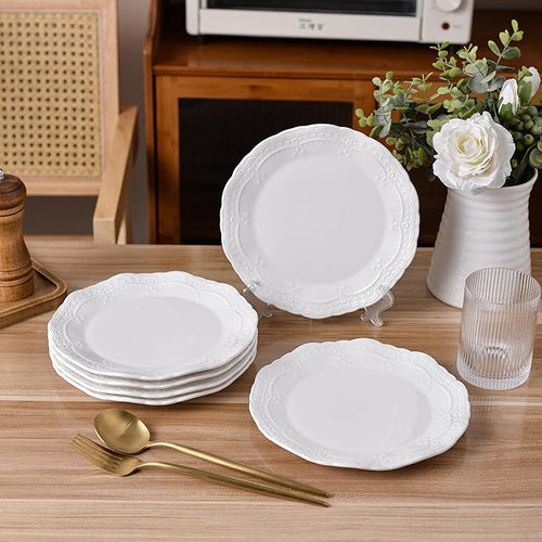 8 Inch Porcelain Dessert Plates Set of 6,Appetizer Plates,White,Embossed,Heat Resistant,Scratch Resistant,Highly Glossy Glaze,Dishwasher safe (Picapica 8‘’)