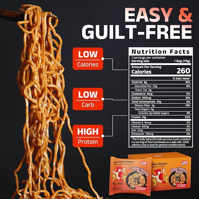HealSpot High Protein Spicy Fire Chicken Noodles, Dry Tossed Ramen, 31g Plant-Based Protein, Low Fat, Low Carb, Non GMO, Keto Friendly & Plant Based (6 packs) | 50% Protein, Keto Friendly, Vegen Friendly, Healthy Quick Meal