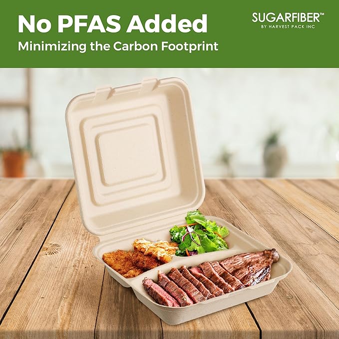 [200 COUNT]Harvest Pack PFAS FREE 10 X 10" 3 Compartment Compostable Clamshell Food Containers, Heavy-Duty Hinged Container, Disposable Bagasse Eco-Friendly Sugarcane togo Box for dinner
