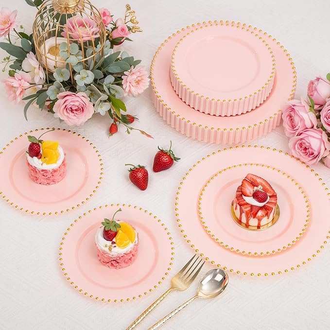 supernal 100pcs Pink Plastic Plates with Gold Beads Plates Disposable Heavy Duty Valentine's Day Decorations Includes 10 inch Dinner Plate and 7 inch Dessert Disposable Plate for Party,Wedding