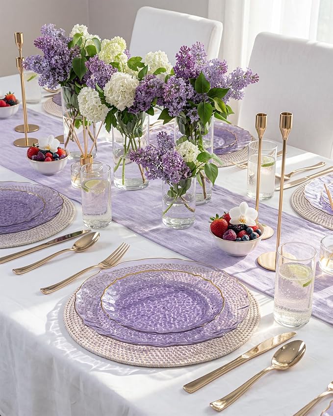 bUCLA 40PCS Clear Purple and Gold Plastic Plates - Fancy Lace-Edge Purple with Gold Trim Hammered Disposable - Include 20 Each (10inch Dinner & 7inch Dessert) Plates for Party & Wedding