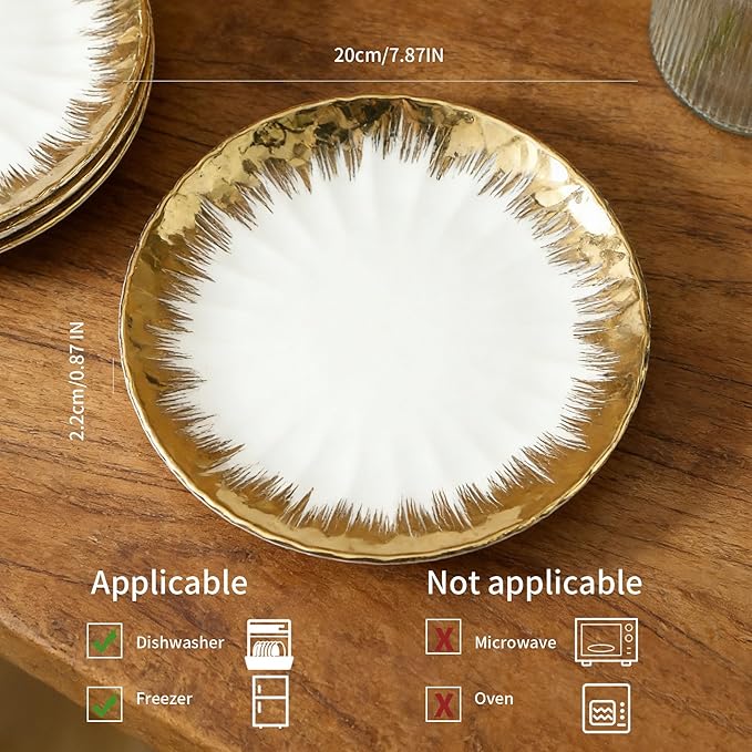 LETAOTAO Ceramic Plates For Kitchen, Ceramic Dessert Salad Plates Set of 4 for Appetizer, Small Dinner Plates with Gold Rim, Porcelain Dish for Pasta, Pancakes, Steak(8in)
