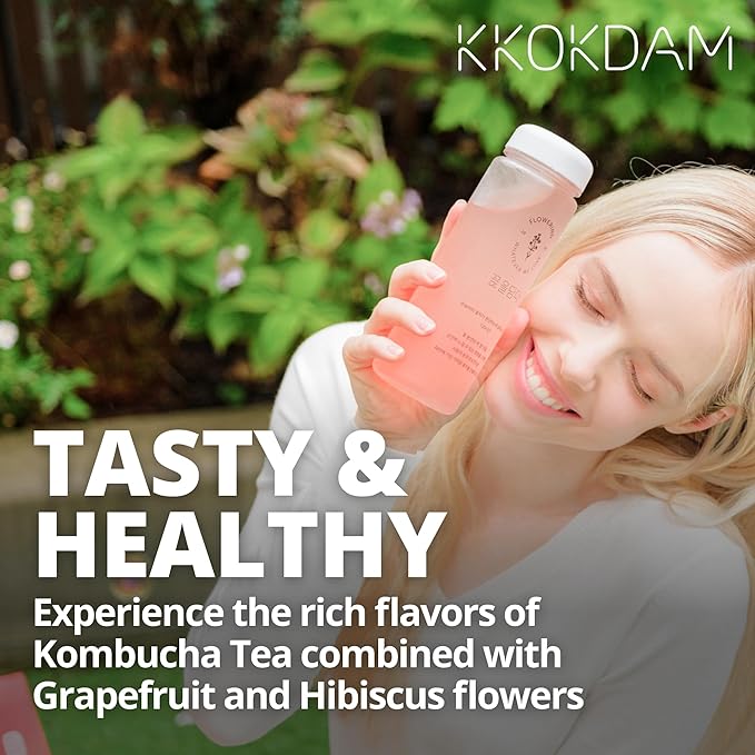 KKOKDAM Kombucha Tea - Grapefruit & Hibiscus Korean Tea - Kombucha Drinks Probiotic Support, Low Calorie, Sugar Free Kombucha Pack - 15 Packs