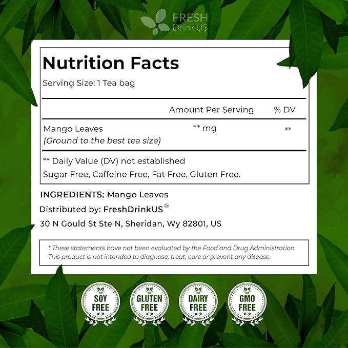 FreshDrinkUS, Premium 40 Mango Leaf Tea Bags, 100% Natural& Pure from Mango Leaves. Herbal Tea. No Sugar, No Caffeine, No Gluten, Vegan.