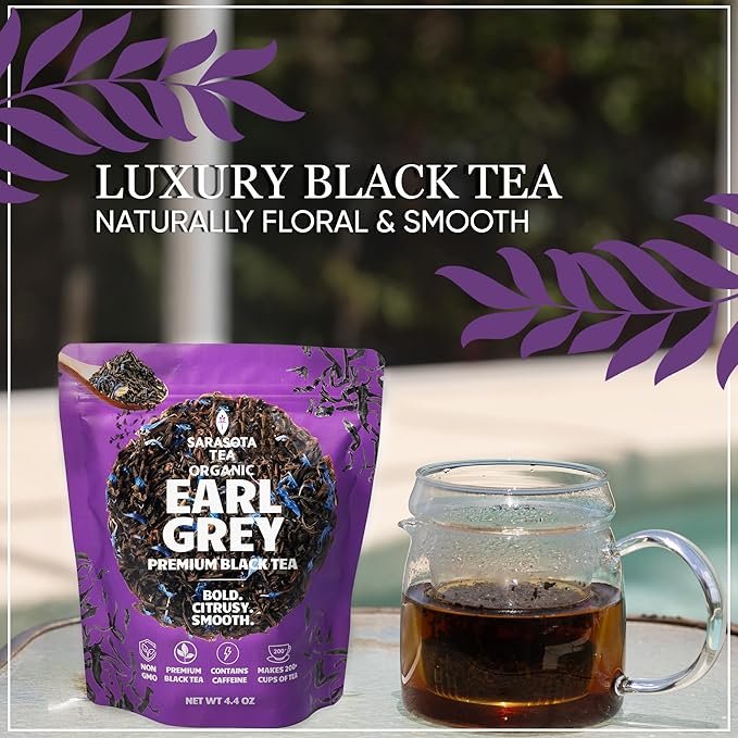 Organic Earl Grey Loose Leaf Tea by Sarasota Tea | Premium Black Tea with Natural Bergamot | Strong & Aromatic | 4.4 oz Bulk Bag | Hot or Iced | Non-GMO