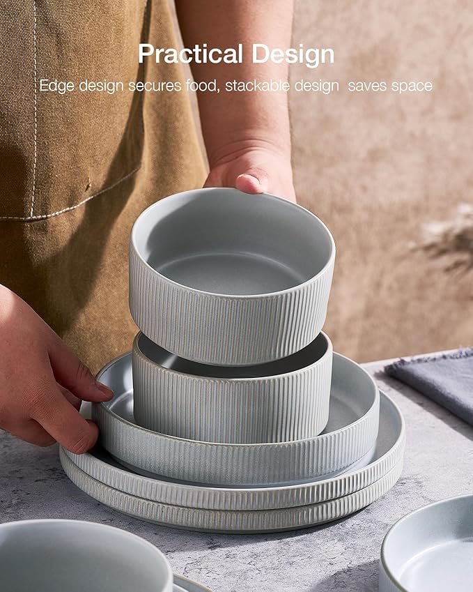 Famiware Star 18-Piece Reactive Glaze Plates and Bowls Sets, Service for 6 - Stoneware Dinnerware with Trim, Modern Rustic Dishes, Chip & Scratch Resistant, Microwave & Dishwasher Safe, Matte Gray