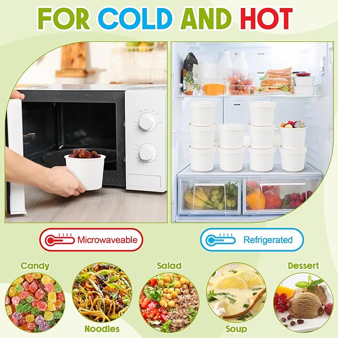 Fulmoon 100 Pack Paper Soup Containers with Lids Disposable Paper Food Containers with Vented Lid Kraft Ice Cream Cake Dessert Cups Soup Bowl for Party Hot Food Fruit Microwave(20 oz,White)