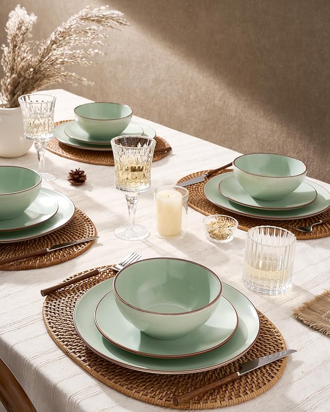 Famiware Venus Plates and Bowls Sets with Trim, 12 Pieces Speckled Stoneware Dishes Dinnerware Set for 4, Light Green - Microwave & Dishwasher Safe, Modern Minimalist, Everyday & Formal Dining