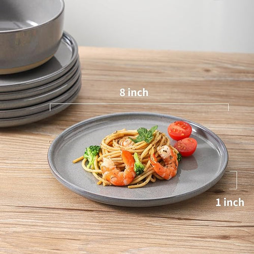 Ceramic Dinner Plates Set of 6,Stoneware 8 Inch,Microwave,Dishwasher and Oven Safe,Porcelain Dessert Plates for Pasta,Salad and Steak,Christmas Gift,Dishes for Kitchen,Scratch Resistant,Gray