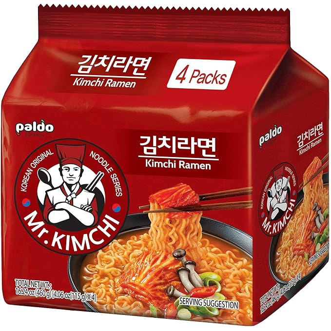 Paldo Fun & Yum Kimchi Ramen Instant Noodles with Soup, Kimchi Based Spicy Broth, Best Oriental Style, Original Korean Ramyun, Spicy Ramen Challenge, K-Food 115g 4.06 Ounce (Pack of 4)