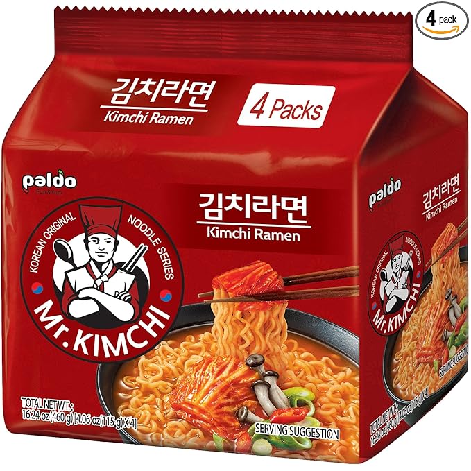 Paldo Fun & Yum Kimchi Ramen Instant Noodles with Soup, Kimchi Based Spicy Broth, Best Oriental Style, Original Korean Ramyun, Spicy Ramen Challenge, K-Food 115g 4.06 Ounce (Pack of 4)