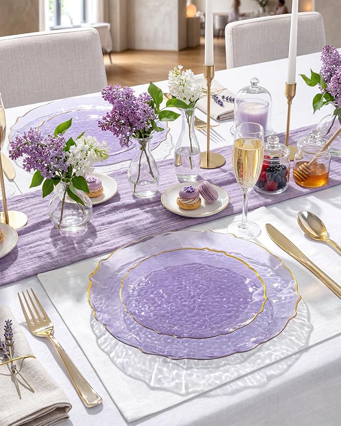 bUCLA 40PCS Clear Purple and Gold Plastic Plates - Fancy Lace-Edge Purple with Gold Trim Hammered Disposable - Include 20 Each (10inch Dinner & 7inch Dessert) Plates for Party & Wedding