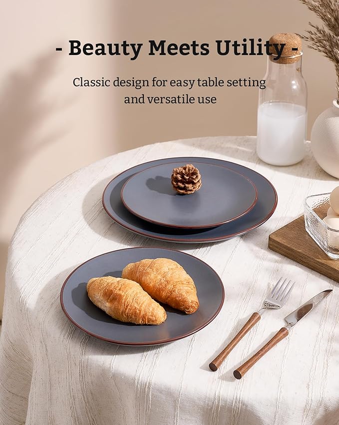 Famiware Venus Plates and Bowls Sets with Trim, 24 Pieces Speckled Stoneware Dinnerware Set for 8, Matte Charcoal - Microwave & Dishwasher Safe, Modern Minimalist, Dishes for Everyday & Formal Dining
