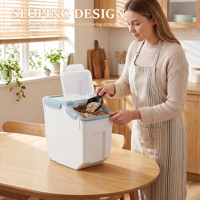 2 Pack 55 Lbs Airtight Rice Storage Container, Large Pantry Bin with Locking Lid & Wheels, Food-Grade PP Dry Goods Dispenser with Measuring Cup for Flour Grain Cereal Pet Food Kitchen Organization Bl