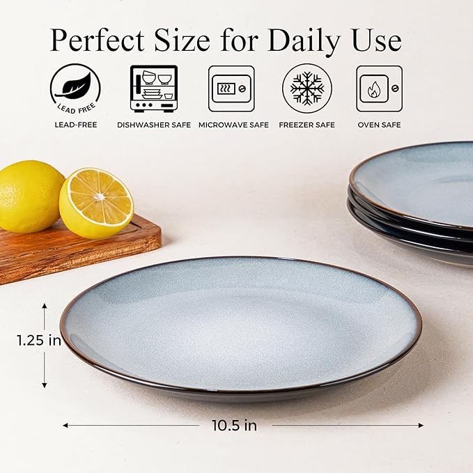 LERATIO Ceramic Dinner Plates Set of 6, 10.5 Inch Handmade Reactive Glaze Porcelain Plates, Coupe Shape Dinnerware Dishes Set for Kitchen,Oven& Microwave & Dishwasher Safe, Scratch Resistant-Gray Blue