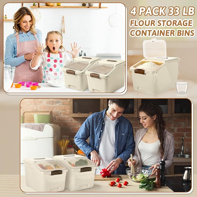 Blushtier 4 Pack Large Rice Storage Containers 30 Lbs Airtight Flour Container with Seal Locking Lid and Measuring Cup Kitchen Dry Food Storage Bins for Cereal Sugar Beans(Butter Yellow)