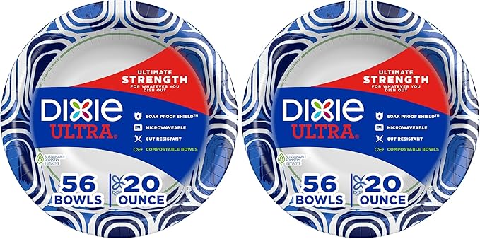 Dixie Ultra, Large Paper Bowls, 20 Oz, Microwave Safe, Compostable, Disposable Bowls Great For Breakfast, Lunch, And Dinner Meals, 56 Count (Pack of 2)
