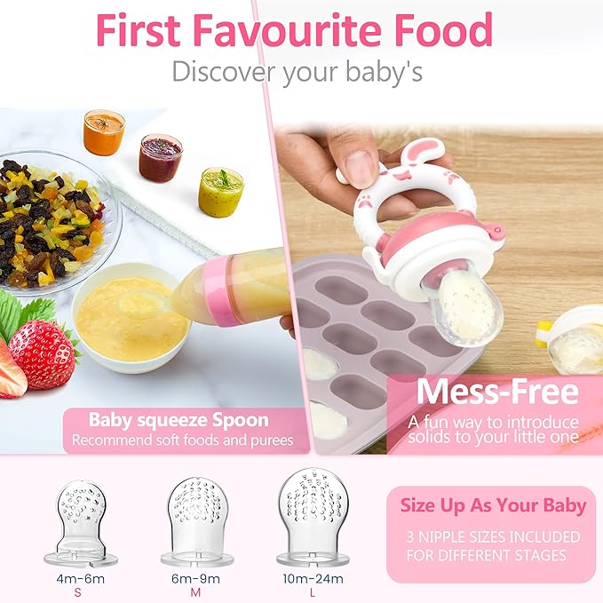 Baby Fruit Feeder Pacifier - 6 Pack | 2 Infant Food Feeder Pacifier & 2 Baby Food Dispensing Spoon | Fresh Fruit Teethers for Babies | Silicone Feeder Babies,Infant Teething Feeders -Pink