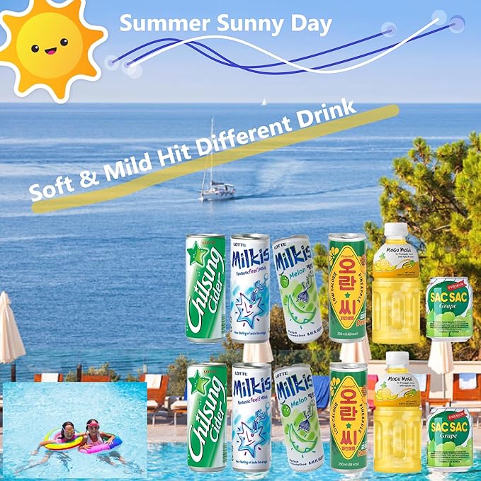 FRKR Korean 10 &12 Drinks Assortment Gift Box [Chilsung Cider/Mikis/Demisoda/Banana Milk/McCOL/MoguMogu/2%/SacSac/Etc.] Soft Drinks + Real Fruit Drinks + Energy Drinks (12, Party Drink)