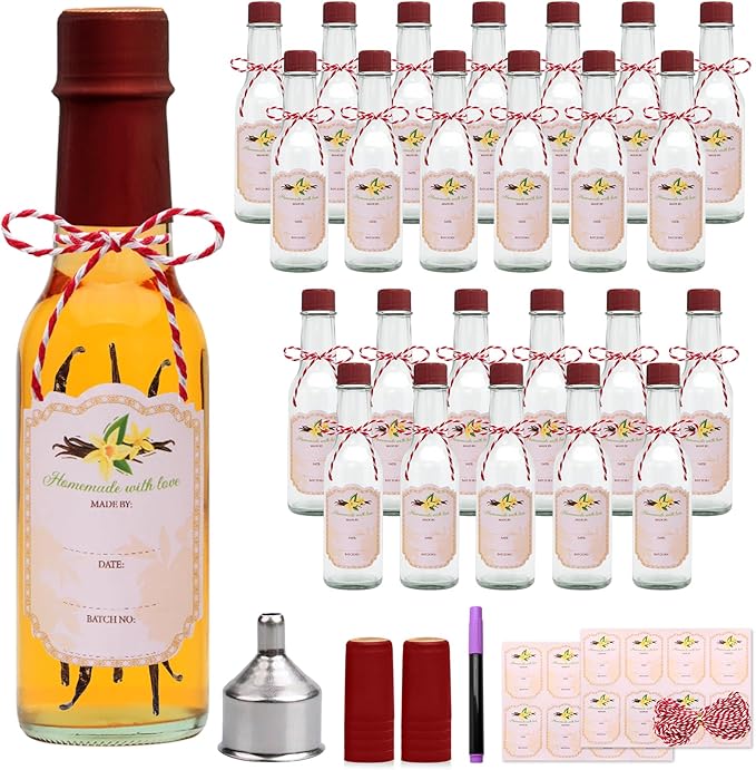 5oz Hot Sauce Bottles with Lids,Clear Woozy Bottles with Shrink Capsules,Small Wine Making Bottle With Lid for Bottling,Empty 5oz Glass Vanilla Extract Bottle With Red Caps Set of 25