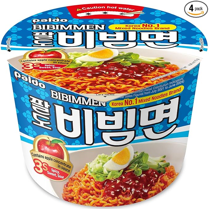 Paldo Fun & Yum Bibimmen Instant Cold Cup Noodles, Brothless Cold Ramen with Sweet & Spicy Seasoning Sauce, Best Oriental Style Korean Ramyun, Soupless K-Food 4.06oz (Pack of 4)