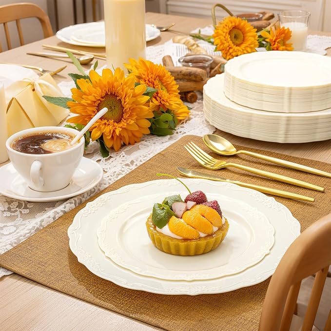U-QE 100 Pieces Ivory Plastic Plates for Party - Ivory Disposable Plastic Plates - Heavy Duty Disposable Platos Including 50 Dinner 10 '' & 50 Dessert 7.5 '' for Weddings