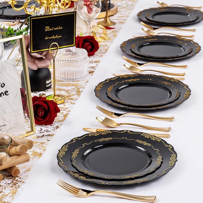 U-QE 100PCS Black and Gold Plastic Plates - Heavy Duty Black Disposable Plates Including 50PCS 10'' Dinner Plates & 50PCS 7.5'' Dessert Plates - Hard Plastic Plates for Party
