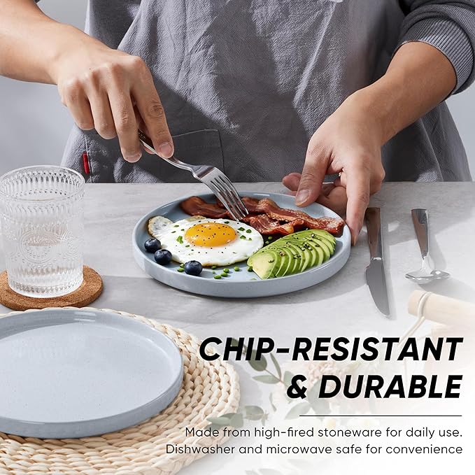 E-far 7.9 Inch Ceramic Dinner Plates, 6-Piece Stoneware Salad Plates with Raised Edges, Chip & Scratch Resistant | Microwave & Dishwasher Safe Dessert Dishes for Appetizer Salad, Speckled Gray