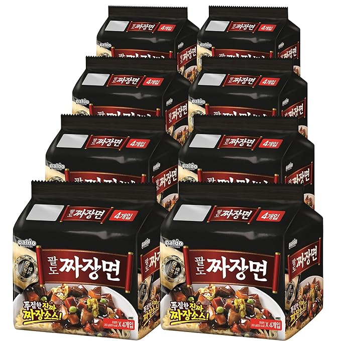 Paldo Fun & Yum Jjajangmen Instant Noodles, Pack of 32, Brothless Chajang Ramen with Savory & Sweet Black Bean Sauce, Oriental Style Korean Ramyun, Soupless K-Food, Family Pack 203g x 32