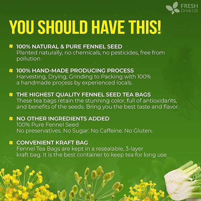 FreshDrinkUS, Premium 135 Fennel Tea Bags, 100% Natural & Pure from Fennel Seeds. Made with Natural Material Tea Bags. No Sugar, No Caffeine, No Gluten, Vegan.
