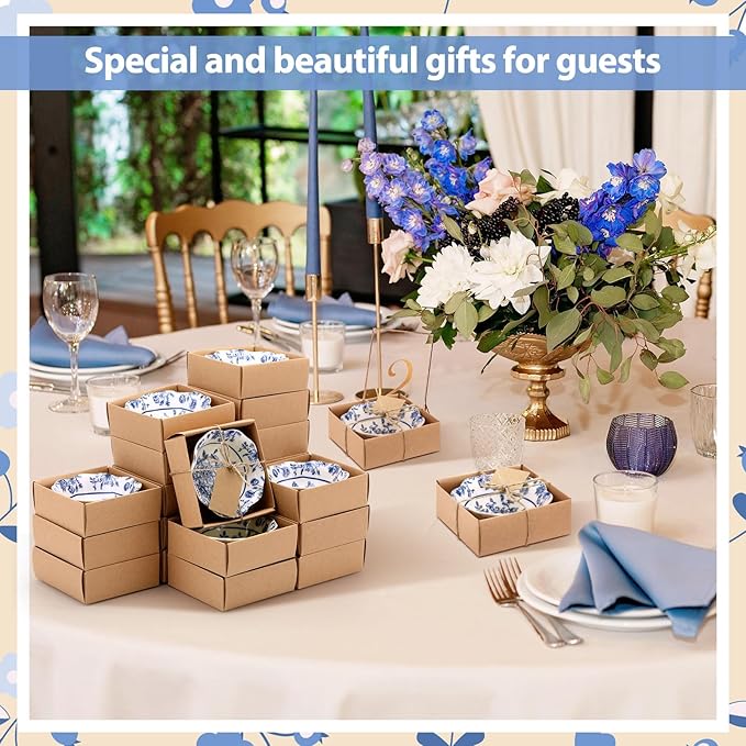 SiliFine 96 Pcs Wedding Favors for Guests Small Ceramic Bowl Bulk Gifts Set 3.3 Inch Floral Design Mini Dipping Sauce Dish with Card Box for Bridal Pooja Baby Shower Birthday (Flower,Blue)