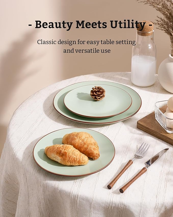 Famiware Venus Plates and Bowls Sets with Trim, 24 Pieces Speckled Stoneware Dinnerware Set for 8, Light Green - Microwave & Dishwasher Safe, Modern Minimalist, Dishes for Everyday & Formal Use