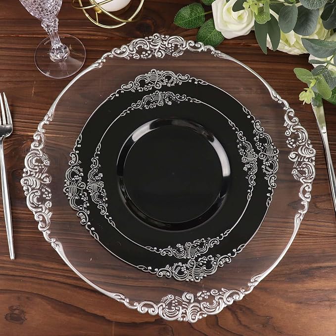 Efavormart 10 Pack | 10" Black and Silver Baroque Dinner Plates, Leaf Embossed Metallic Rim Heavy Duty Serving Plates for Corporate Events and Galas