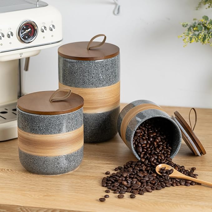 Miamolo Airtight Coffee Storage Container Jar with Lid, Ceramic Kitchen Food Storage Jars for Spice Sugar Cookie, Coffee Bean Stackable Decorative Jars for Housewarming, Grey & 28 fl.oz