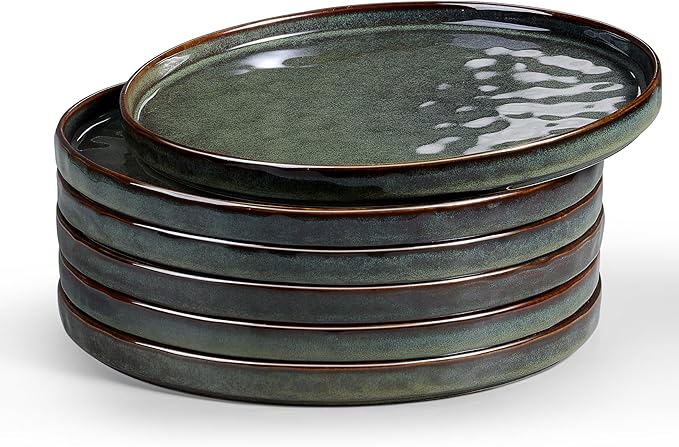 LIANYU Ceramic Dessert Plates Set of 6, 10.2 Inch Kitchen Dinner Plates Set, Porcelain Serving Dishes for Cake, Bread, Salad, Snack and Steak, Microwave, Oven and Dishwasher Safe, Ink Green